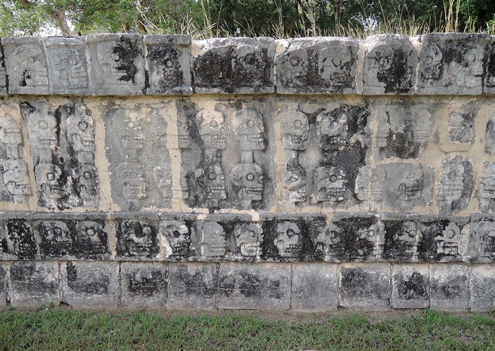 Wall of skulls. The Mayans stacked real skulls like this to frighten their enemies